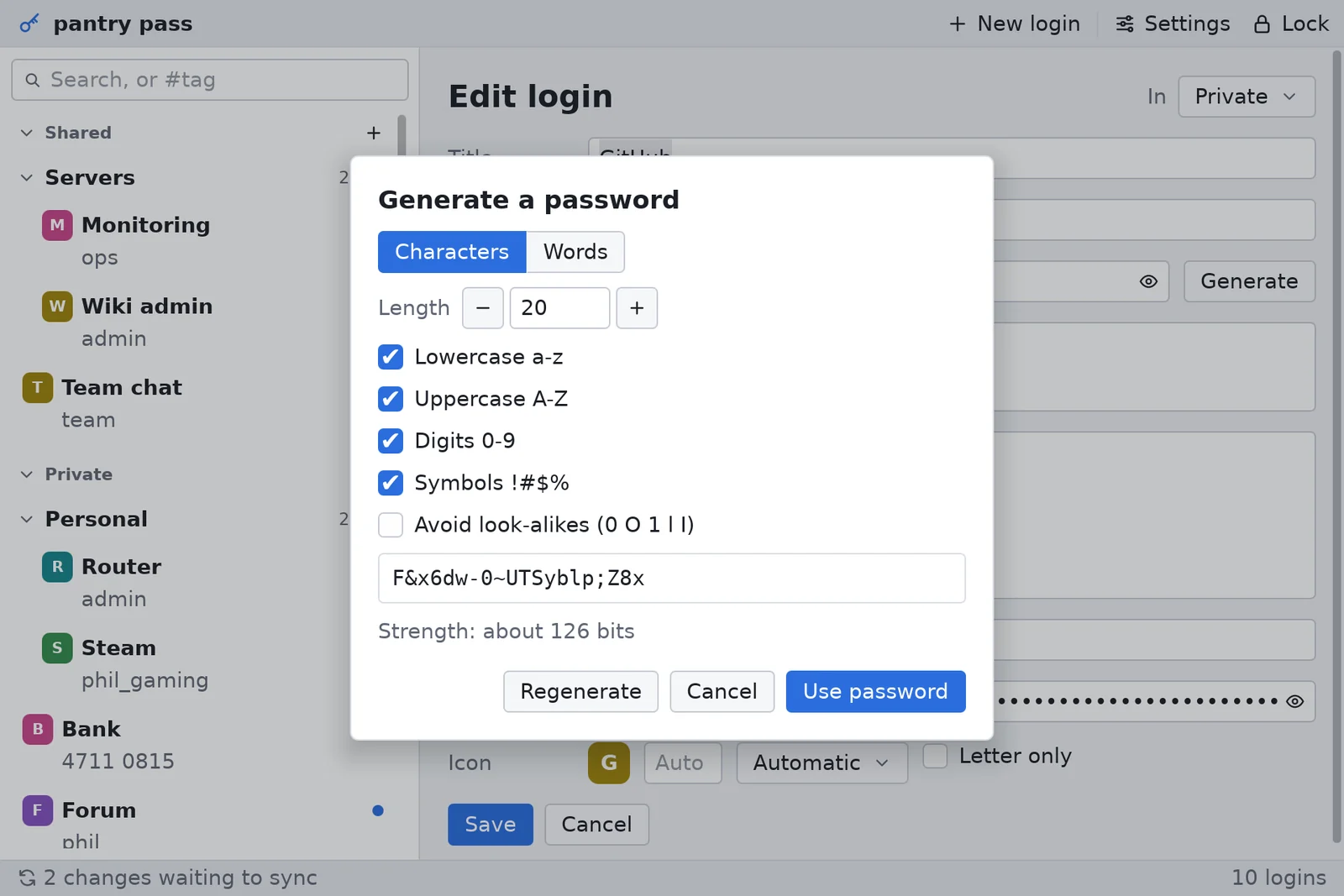 pantry pass generating a 20-character password
