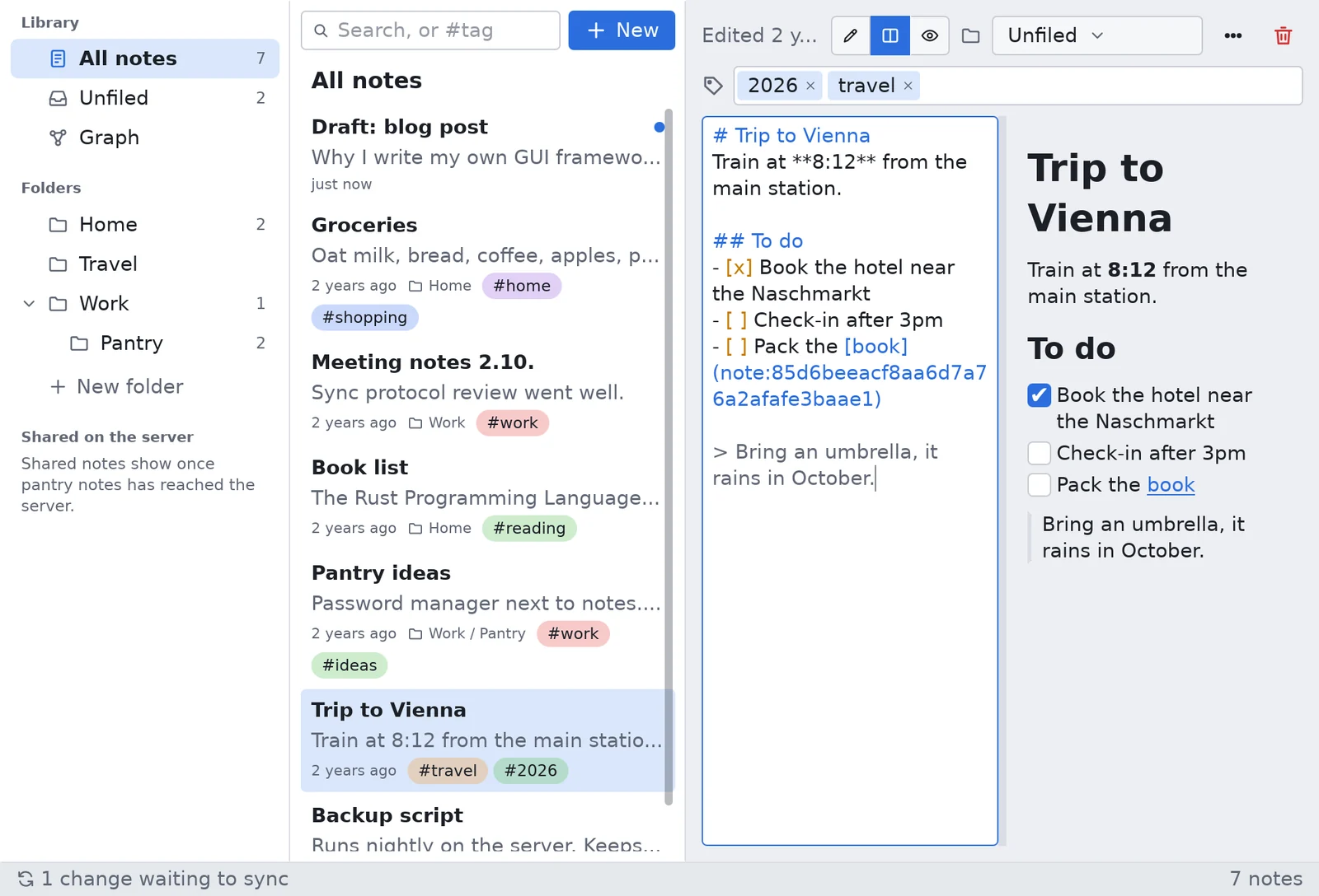 pantry notes with a note in Markdown and its preview side by side