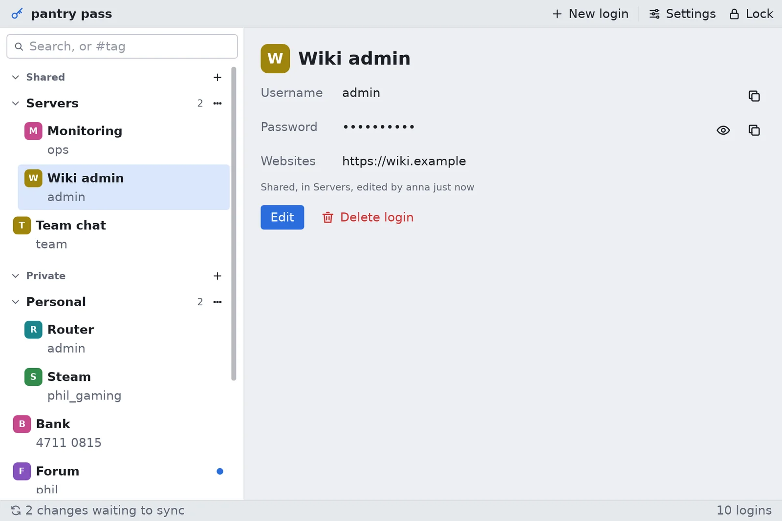 pantry pass showing a shared login, with the list of logins on the left